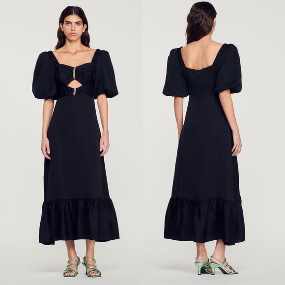 Sandro NWT! Paris Falbala Rhinestone Embellished Cutout Black Midi Dress‎